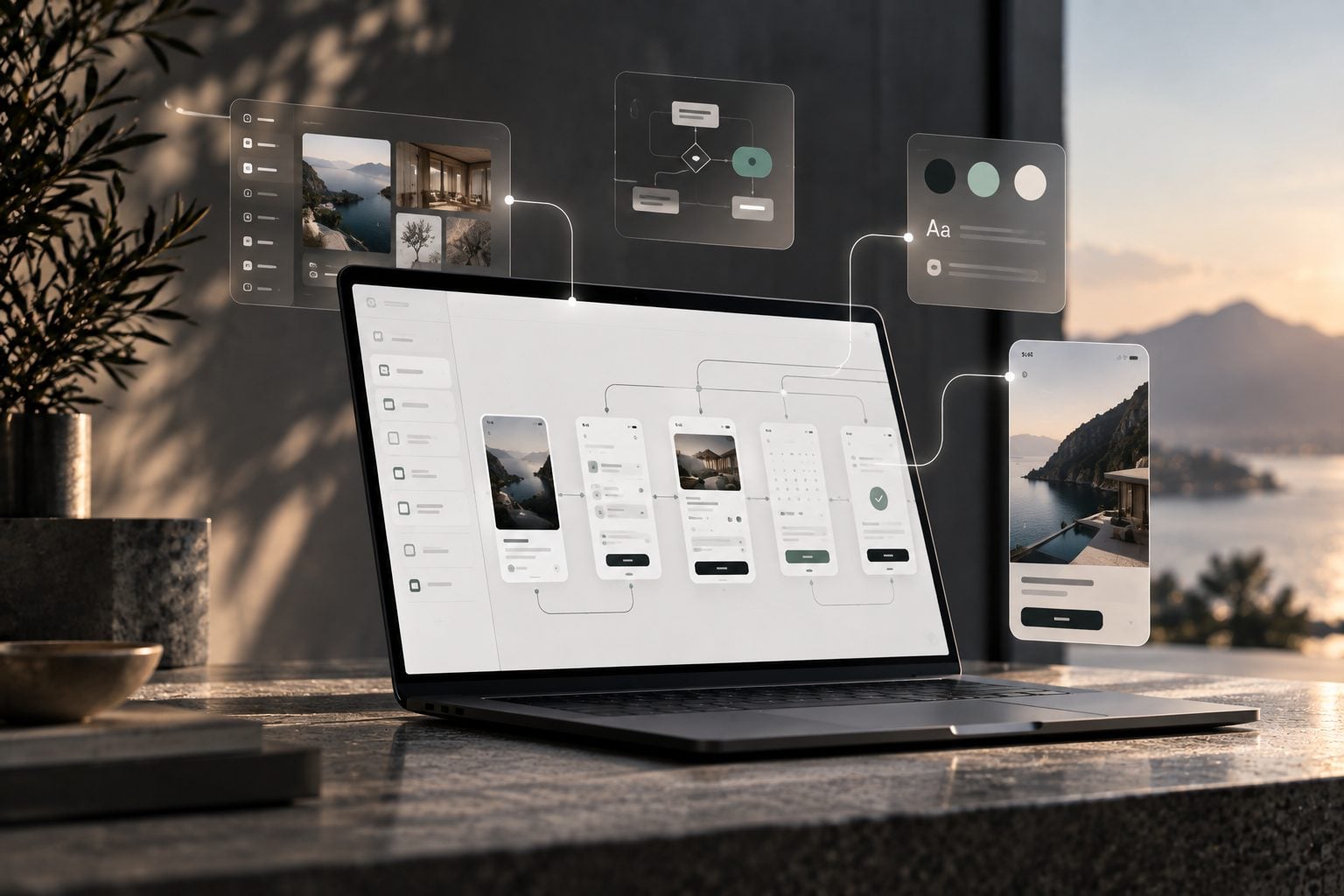 A laptop showing Frame's connected screen flow, with the product model, a style panel and a live phone preview floating around it.