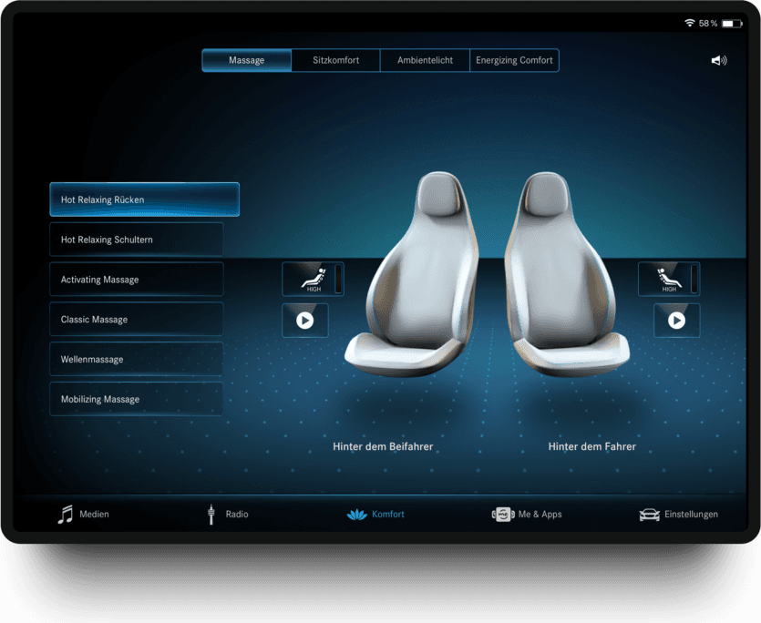 MBUX rear-seat massage screen with Hot Relaxing programs and per-seat intensity controls
