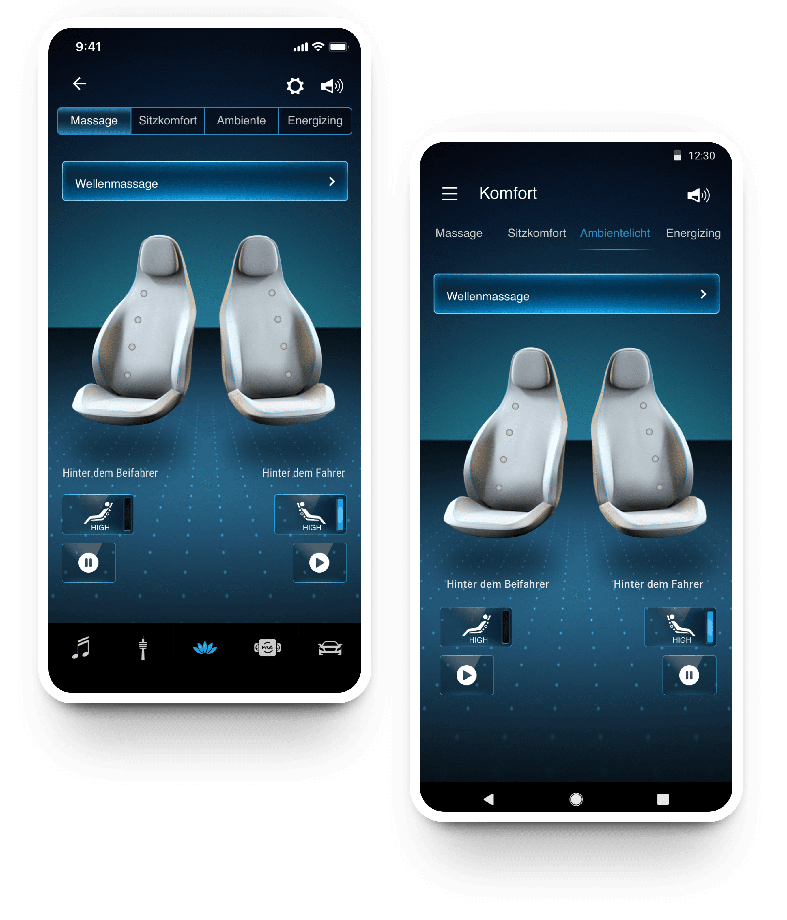 The final companion app on iOS and Android, the massage screen with per-seat control in the MBUX-adapted language