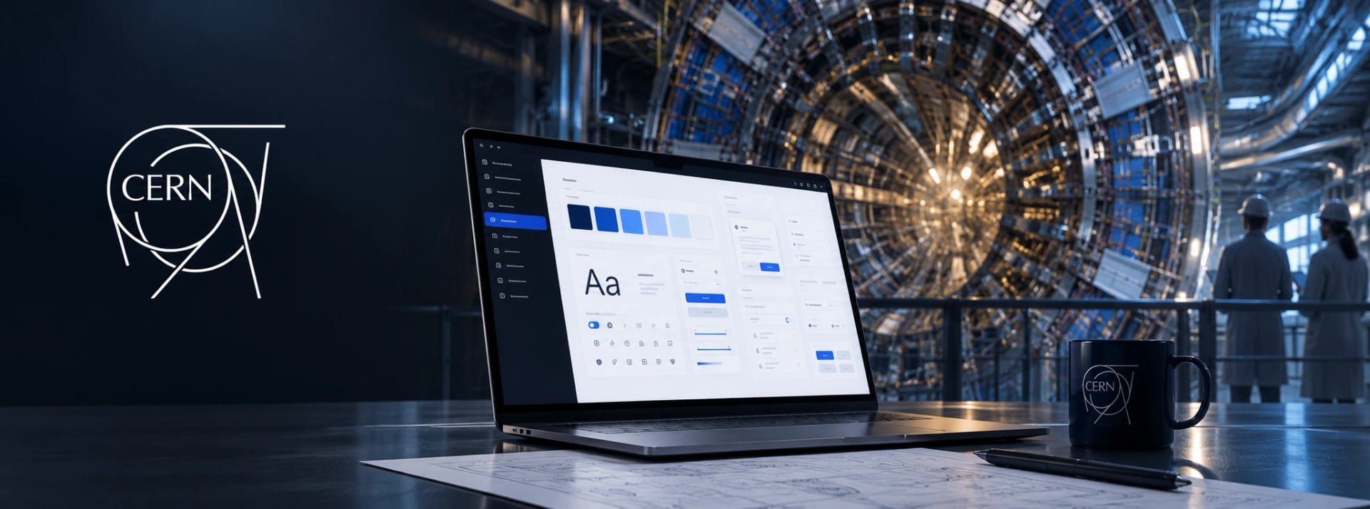 The CERN Business Computing design system open on a laptop, a particle detector in the hall behind it.