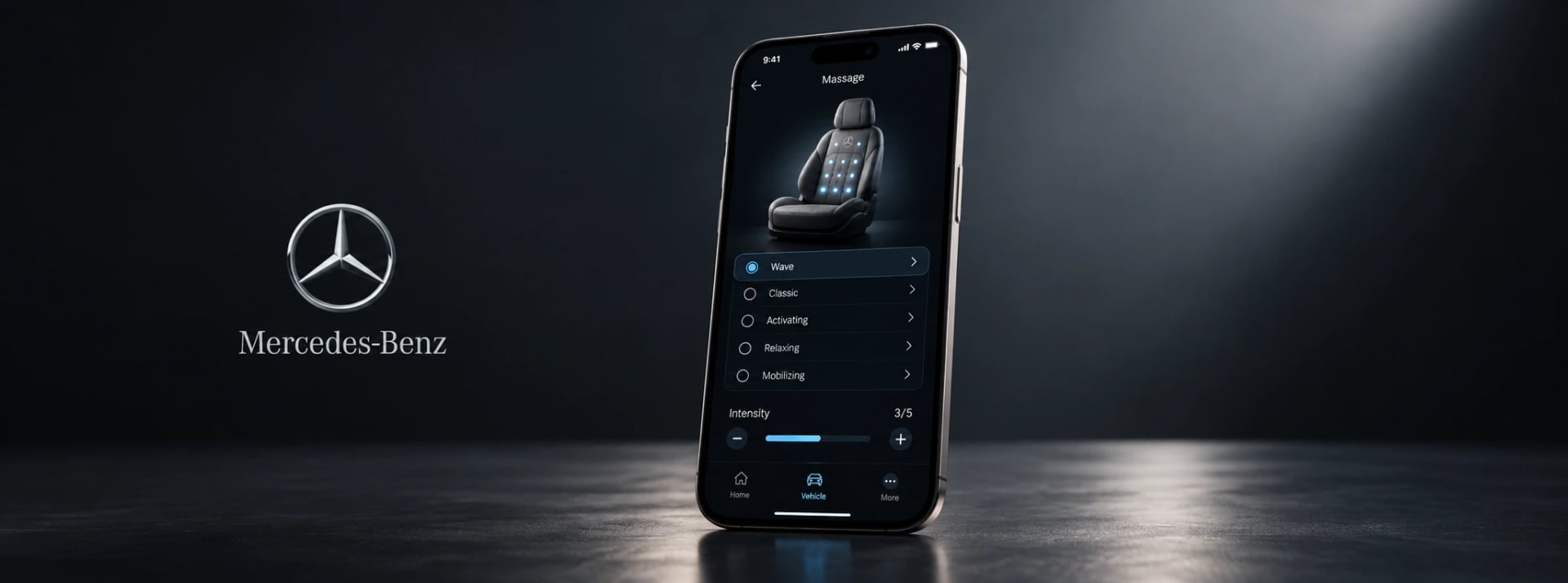 The MBUX companion app’s massage screen on a phone, beside the Mercedes-Benz star.