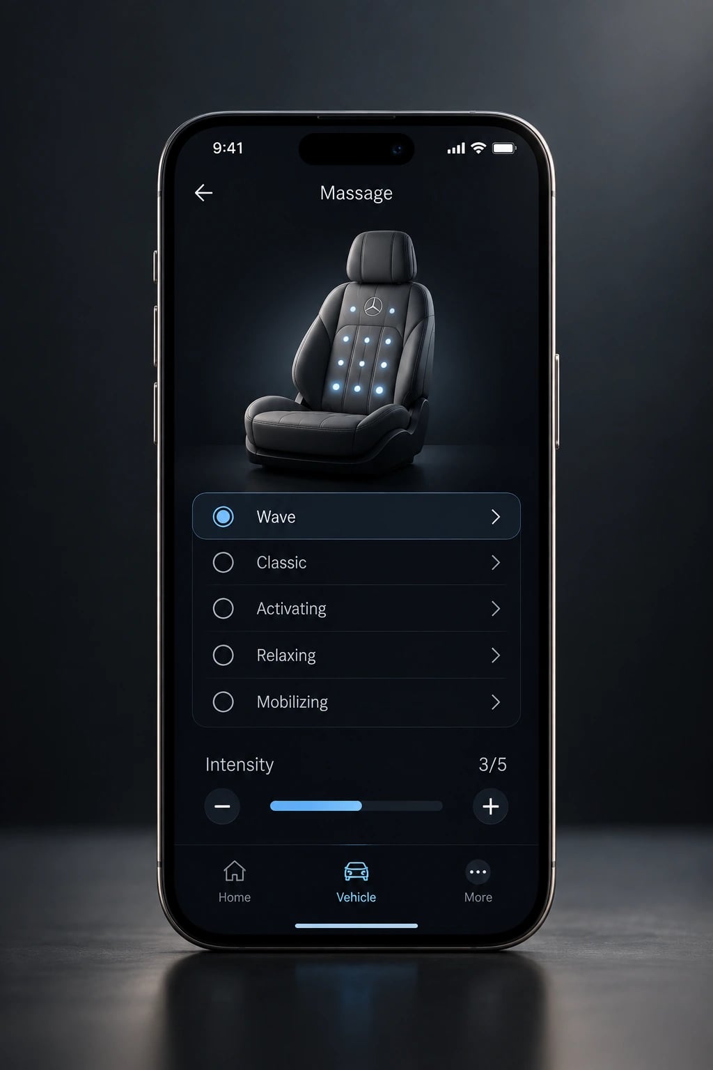 The companion app’s massage screen: the programme list with “Wave” selected, intensity 3 of 5.