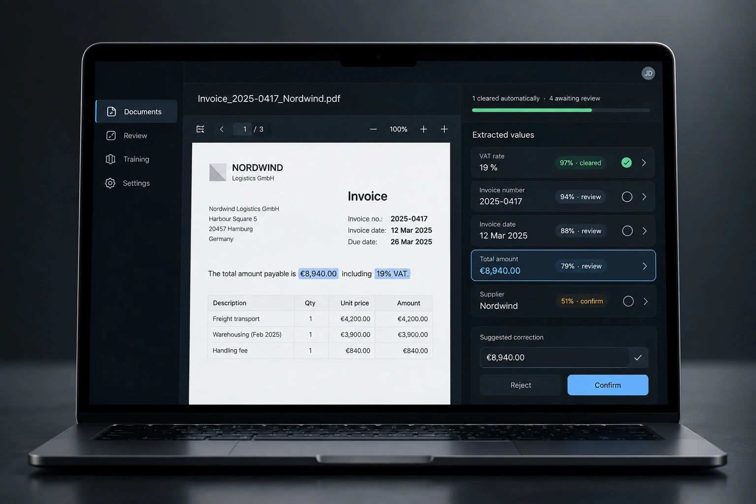 The review workspace: the invoice on the left, the extracted values and their review state on the right.