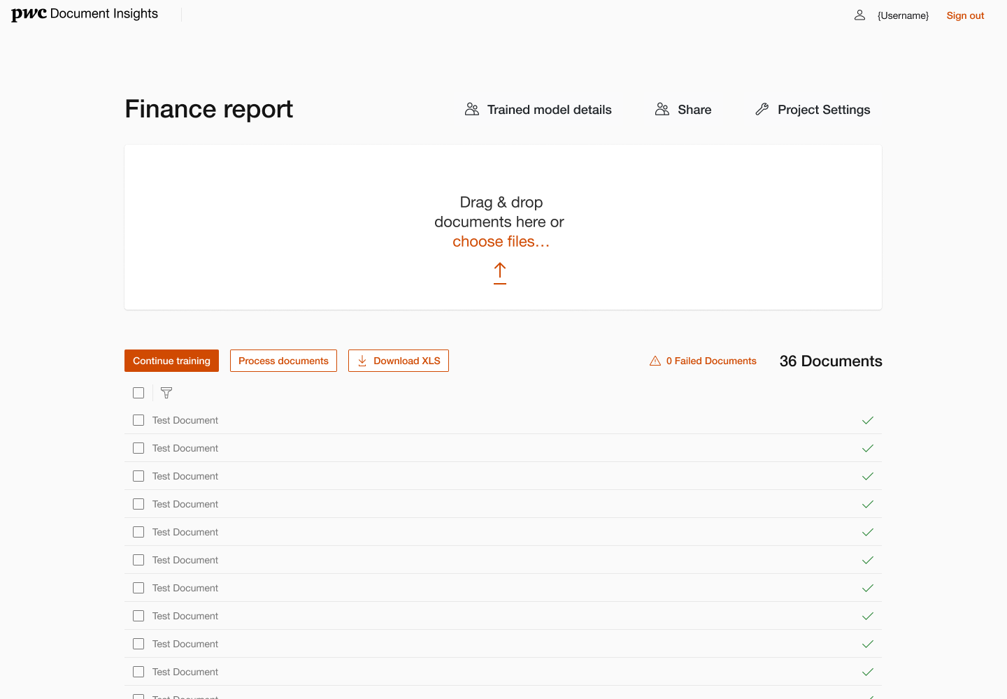 Finance report project: upload, continue training, process documents, download