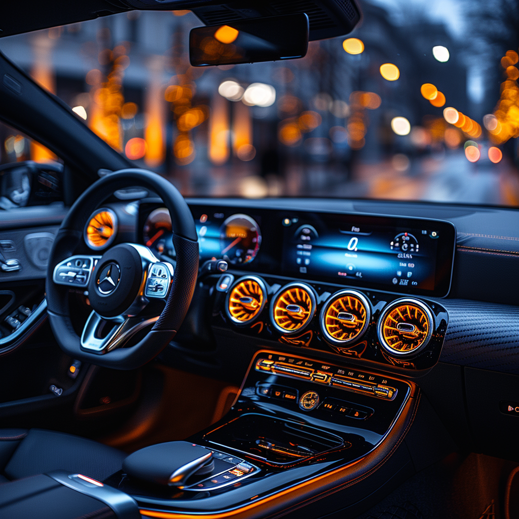 Dark premium Mercedes-Benz interior with glowing head unit