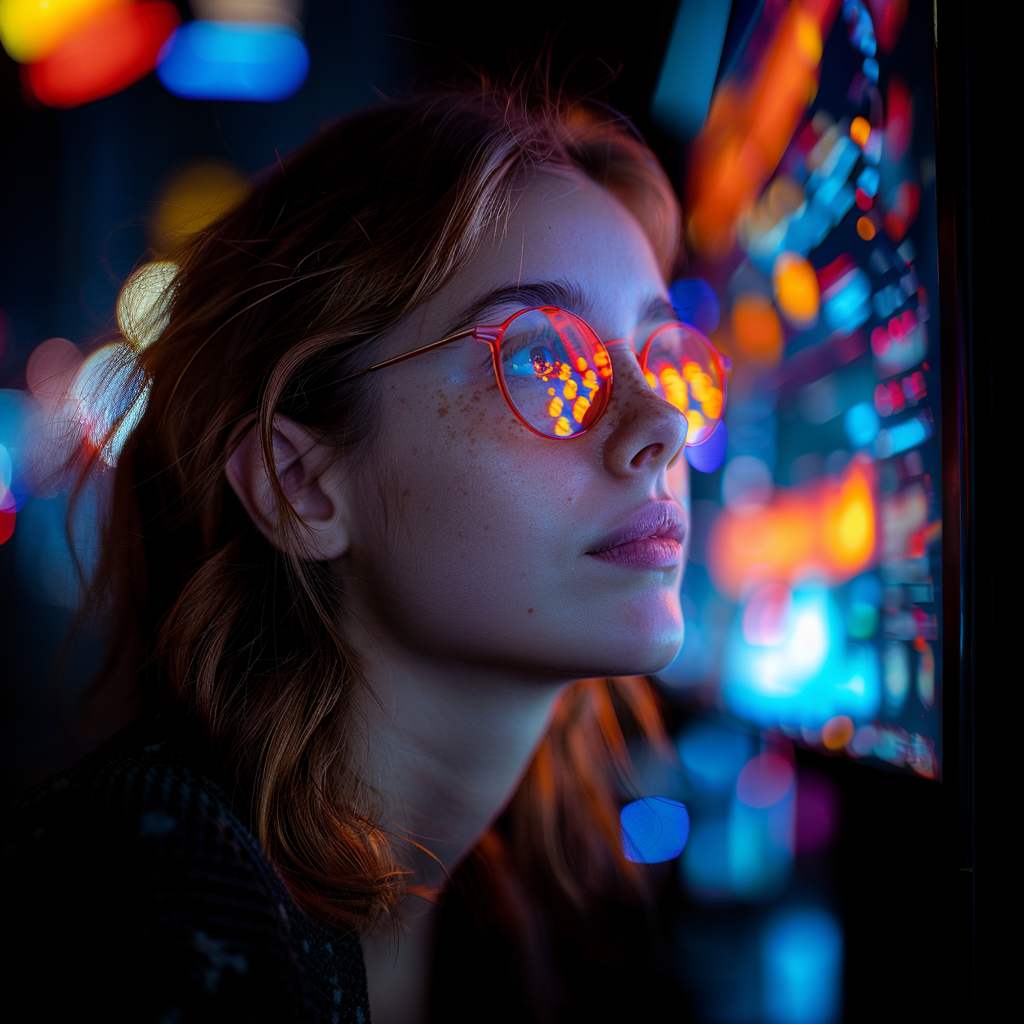 A person studying a glowing, data-rich screen